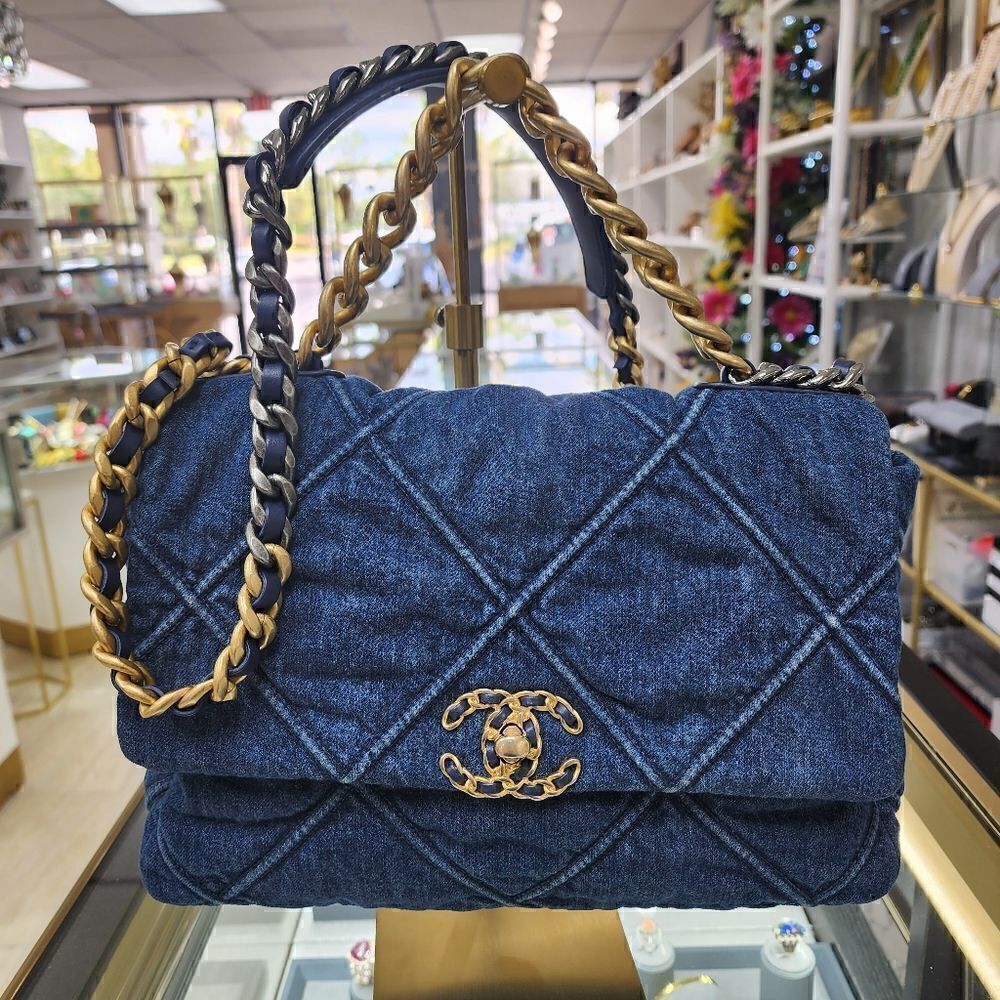 Authentic Large Chanel 19 Denim Quilted Flap Shoulder Handbag Purse crossbody